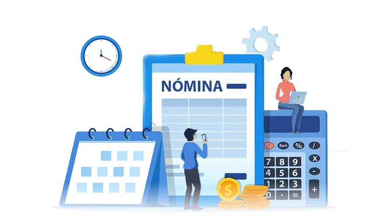 Ilustración de gestión de nómina: rol de pagos, calculadora, calendario y equipo de recursos humanos